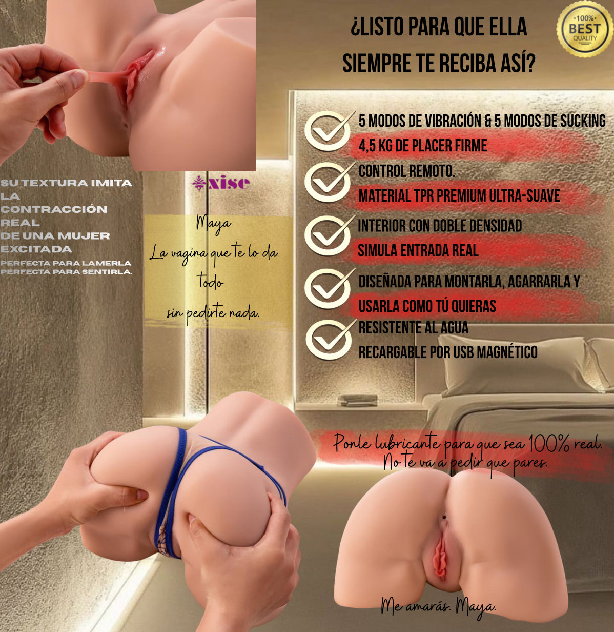 Maya™ — La vagina jugosa y real que late, se calienta, se cierra, succiona el glande y vibra de 5 modalidades distintas. Tu nueva obsesión privada.